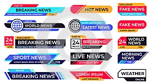 Breaking news banner. Broadcasting screen bars, television banners and live TV sport news frame vector set photo