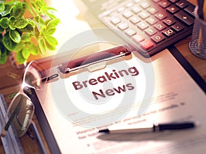 Breaking News Concept on Clipboard. 3D.