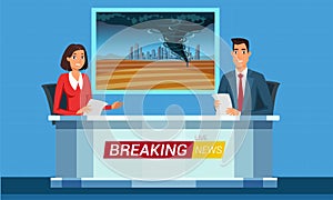 Breaking news flat vector illustration. Storm, hurricane, whirlwind, tornado danger reportage. Journalists with