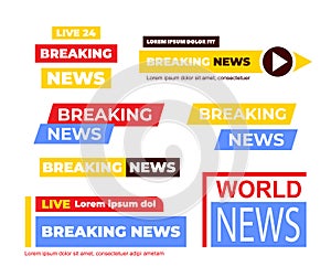 breaking news headers. streaming hot news signs, interface multicolored badges. display streaming interface banners