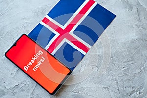 Breaking news, Iceland country`s flag and the inscription news