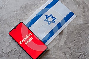 Breaking news, Israel country`s flag and the inscription news