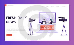 Breaking News Program Concept Landing Page. Live Stream in Television Studio. Announcer Male and Female Character Shoot on Camera