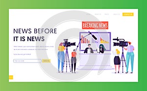 Breaking News Program Concept Landing Page. Videographer with Camera Shoot in Television Studio. Reporter Character