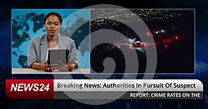 Breaking news, report and woman talking in presentation of crime, suspect or police in live stream or tv show