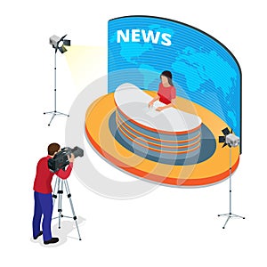 Breaking news reportage and press conference. Journalist interview an analyst. Flat 3d vector isometric illustration.