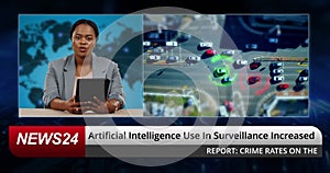 Breaking news, reporter woman and artificial intelligence in tv studio for broadcast, surveillance or monitor