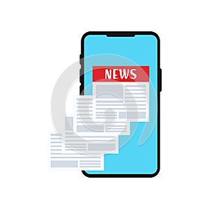 Breaking news set. Flat modern vector illustration of smartphone for online reading news in mobile phone app for a