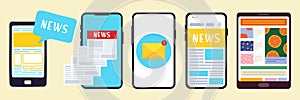 Breaking news set. Flat modern vector illustration of smartphone for online reading news in mobile phone app for a