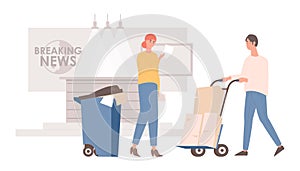 Breaking news stage vector flat illustration. Announcer reading breaking news, intern delivering newspaper or papers.