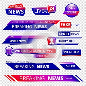 Breaking news. Television channel broadcasting service graphic headpiece banners vector template