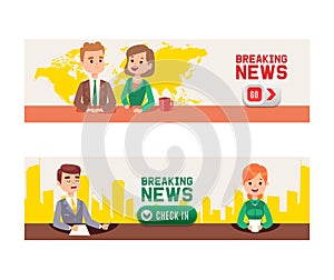 Breaking news on Television set of banners vector illustration. Anchor TV presenters man and woman. News announcers with