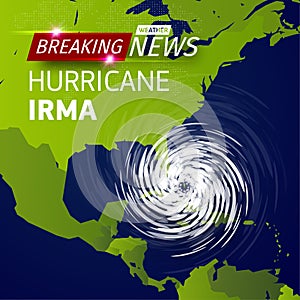 Breaking news TV, realistic Hurricane cyclone vector illustration on USA map, typhoon spiral storm logo on green world photo