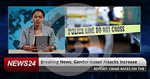 Breaking news, woman and broadcast in tv studio for gender violence, attack and crime report. Television show, African