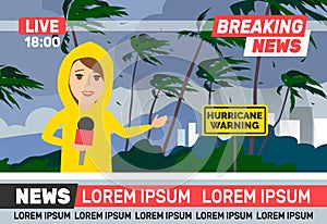 Breaking news woman reporter journalist wearing yellow rain coat live broadcasting stormy weather hurricane