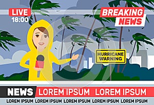 Breaking news woman reporter journalist wearing yellow rain coat live broadcasting stormy weather hurricane photo