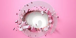 Breaking out of a hole in solid Pink wall, torn hole, empty copy space frame, mockup. Generative AI weber.