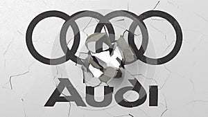 Breaking wall with painted logo of Audi. Crisis conceptual editorial 3D rendering
