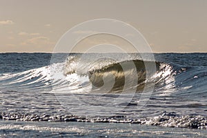 Breaking wave surrounded by reflections of the sun