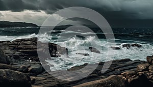 Breaking waves crash against rocky coastline, dramatic beauty in nature generated by AI