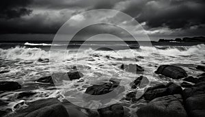 Breaking waves crash against rocky coastline in dramatic monochrome seascape generated by AI
