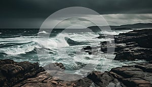 Breaking waves crash against rocky coastline, dramatic sky above generated by AI