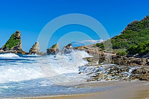 Breaking waves at rocks of the coast near Pointe des chateaux, Guadeloupe