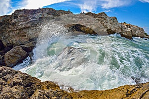 Breaking waves on the rocky coast of the Black Sea at Tyulenovo, Bulgaria