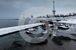 Breakwater covered with snow, Gdanska Bay, Poland