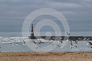 Breakwater and lighthouse of Aguda Beach in Porto