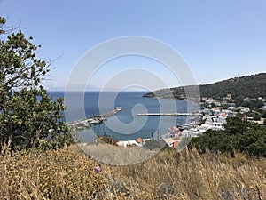 Breakwater, marina and view on Rhodes island, Greece