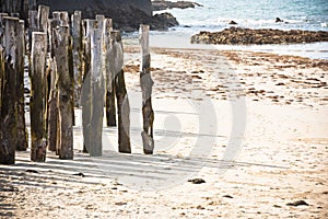 Breakwaters on seashore Saint malo, France