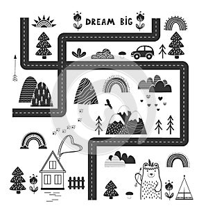 Bream Big, Little One - cute kids poster, mat or tapestry in Scandinavian style. Road, Mountains and Woods Adventure Map