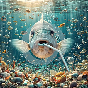 bream fish with straw in mouth pointing upwards blowing air bubbles swimming