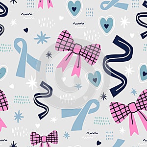 Breast Awareness Month. Cute colored ribbon cancer with childish bow  flowers and love isolated on grey background. Vector design
