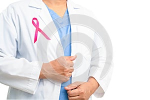 Breast cancer, Asian doctor woman with pink ribbon on white background with clipping path, symbol of World Breast Cancer Day