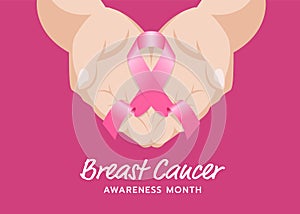 Breast cancer awareness banner with hand hold pink ribbon sign on pink background vector design