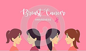 Breast Cancer Awareness banner illustration of happy women from different nationalities together