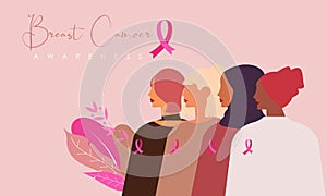 Breast Cancer Awareness banner illustration of happy women from different nationalities together