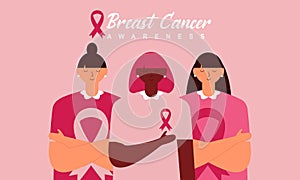 Breast Cancer Awareness banner illustration of happy women from different nationalities together