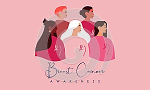 Breast Cancer Awareness banner illustration of happy women from different nationalities together