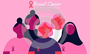 Breast Cancer Awareness banner illustration of happy women from different nationalities together