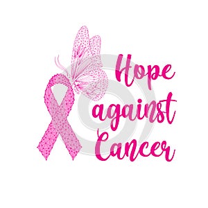 Breast cancer awareness banner template with pink ribbon, butterfly and text Hope against Cancer