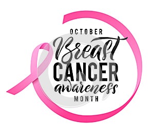 Breast Cancer Awareness Calligraphy Poster Design. Ribbon around letters. Vector Stroke Pink Ribbon. October is Cancer photo