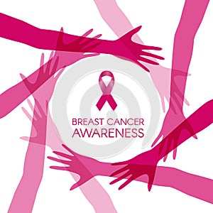 Breast cancer awareness with circle joined women hands and pink ribbon vector illustration