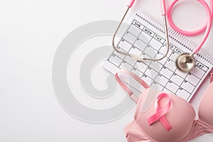 Breast cancer awareness concept. Top view photo of pink ribbon stethoscope bra and calendar on isolated white background with