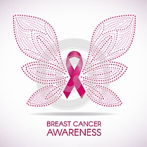 Breast cancer awareness with Dot line Butterfly sign and pink ribbon vector illustration design