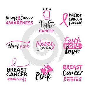 Breast cancer awareness hand drawn text quote set