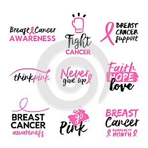 Breast cancer awareness hand drawn text quote set photo