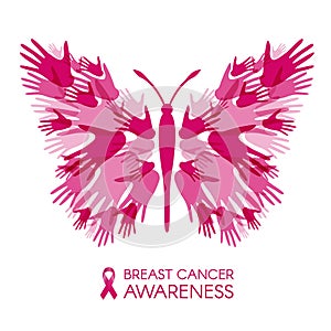 Breast cancer awareness with Hands Butterfly sign and pink ribbon vector illustration